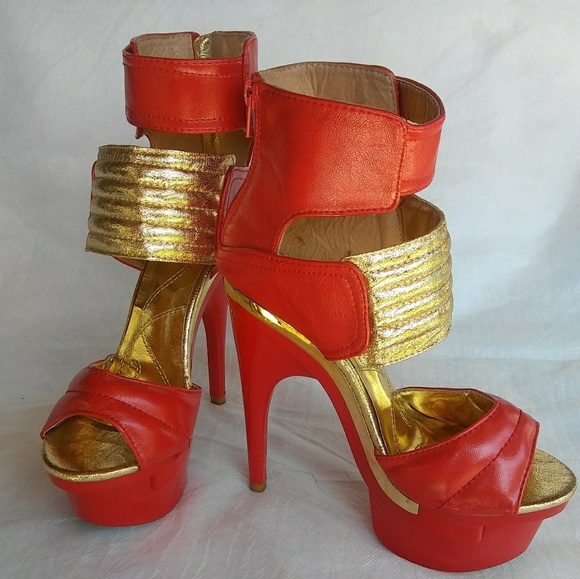 Women's Red/Gold High Platform Heel Shoes - Picture 3 of 7